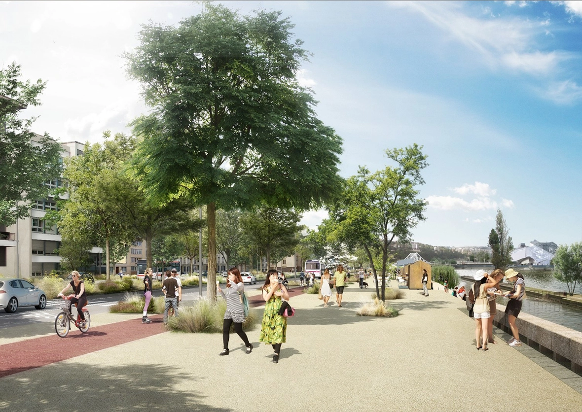 À La Mulatière et Oullins la diminution de la largeur des voies de circulation permettra l'aménagement d'une promenade en bord du Rhône