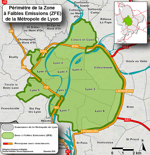 Périmètre de la Zone à Faibles Emissions (ZFE) de la Métropole de Lyon