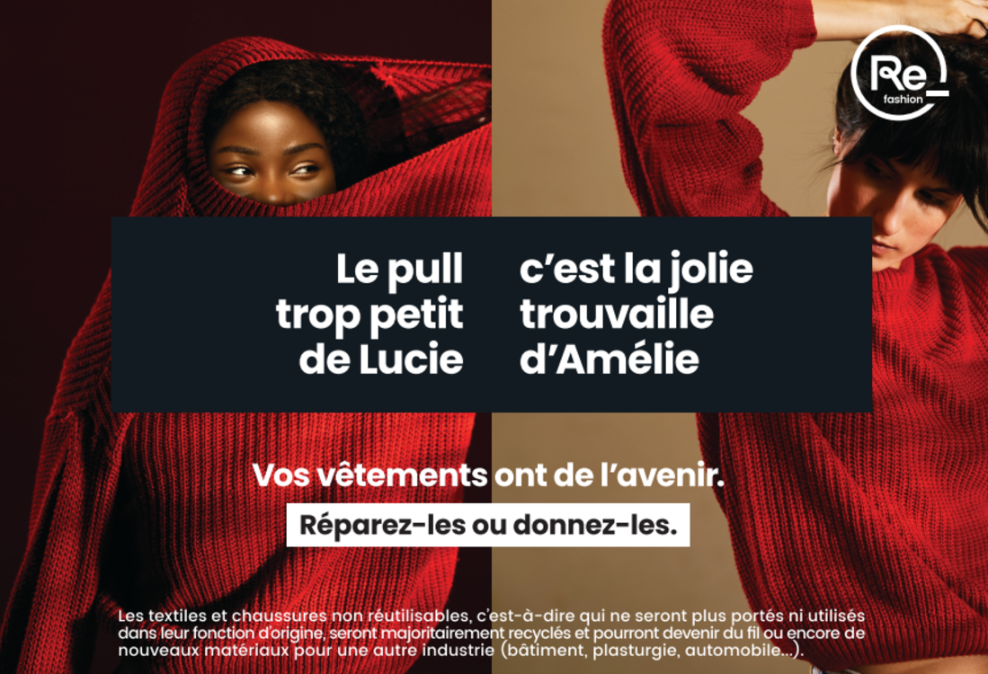 Affiche de refashion avec la description "le pull trop petit de Lucie, c'est la jolie trouvaille d'Amélie" - vos vêtements ont de l'avenir. Réparez-les ou donnez-les.