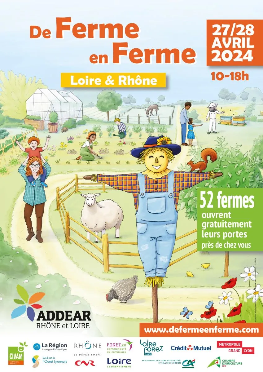 Affiche de l'événement : De ferme en ferme, du 27 au 28 avril 2024 de 10h à 18h dans le Loire & Rhône. 52 fermes ourent gratuitement leurs portes près de chez vous. www.defermenferme.com