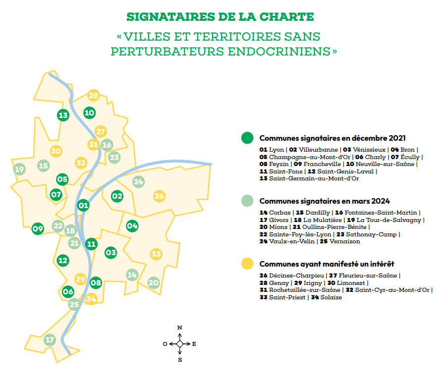 Les signataires de la charte "ville et territoire sans perturbation endocriniens" : les communes signant en décembre 2021 sont Lyon 1, Villeurbanne, Vénissieuxn Bron, Champagne au mont d'or, Charly, Ecully, Feyzin, Francheville, Neuville-sur-Saône, Saint-Fons, Saint Genis Laval, Saint Germains au Mont d'Or. Les communes signant en mars 2024 sont Corbas, Dardilly, Fontaine sur Saint Martin, Givors, La Mulatière, La tour de Salvagny, Mions, Oullins Pierre Bénite, Sainte Foys lès Lyon, Sathonay Camp, Vaulx en velin, et Vernaison. Les communes ayant manifesté un intérêt sont Décine Charpieu, Fleurieu sur Saône, Genay, Limonest, Rochetaillé sur Saône, Saint Cyr au mont d'Or, Saint Priest et Solaize.