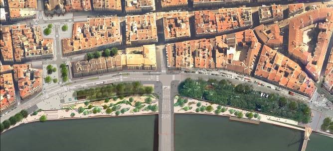 perspective vue de haut des quais de Saône à la fin de l'aménagement du jardin fluvial