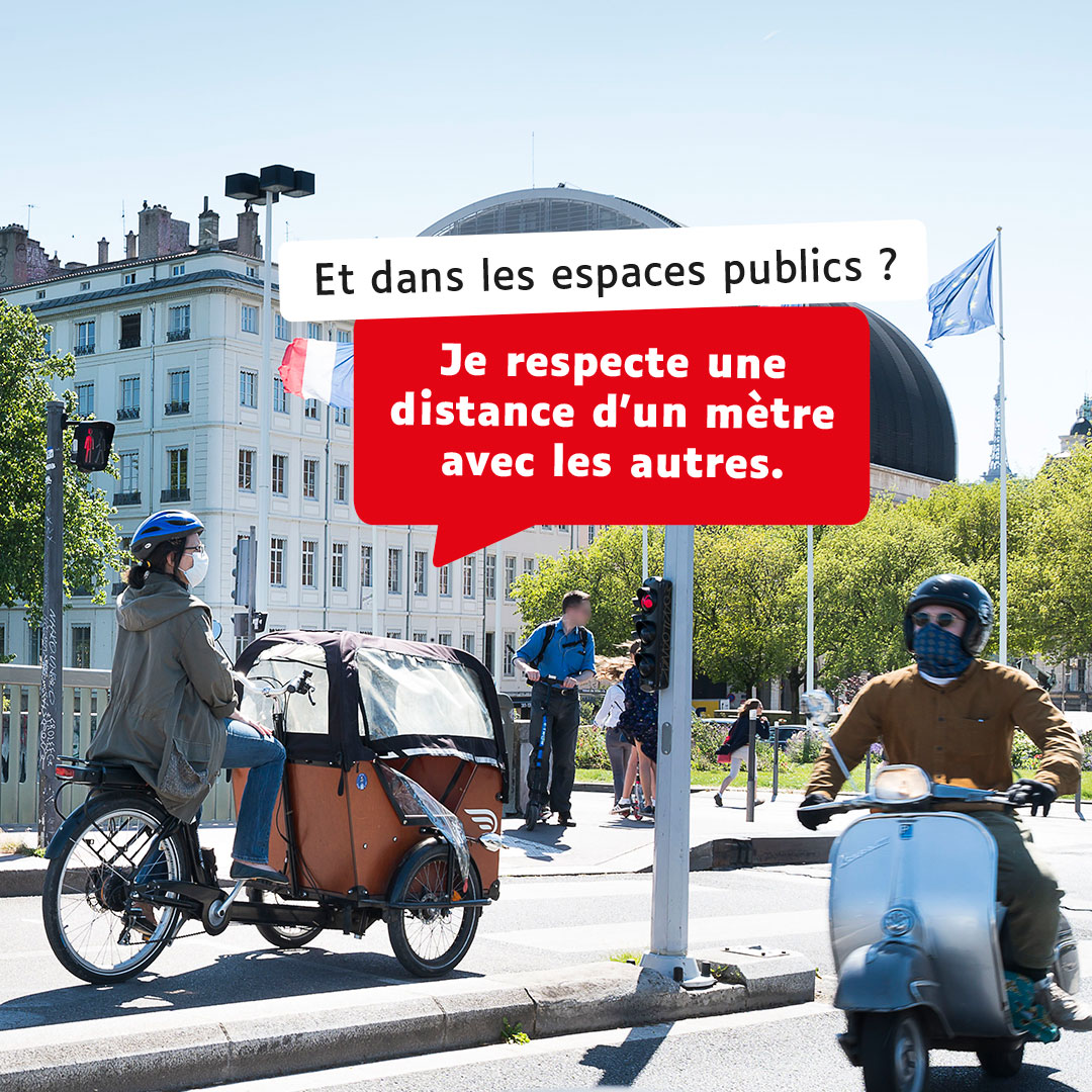 Les gestes barrières dans l'espace public : je respecte une distance d'un mètre avec les autres Les gestes barrières dans l'espace public : je respecte une distance d'un mètre avec les autres